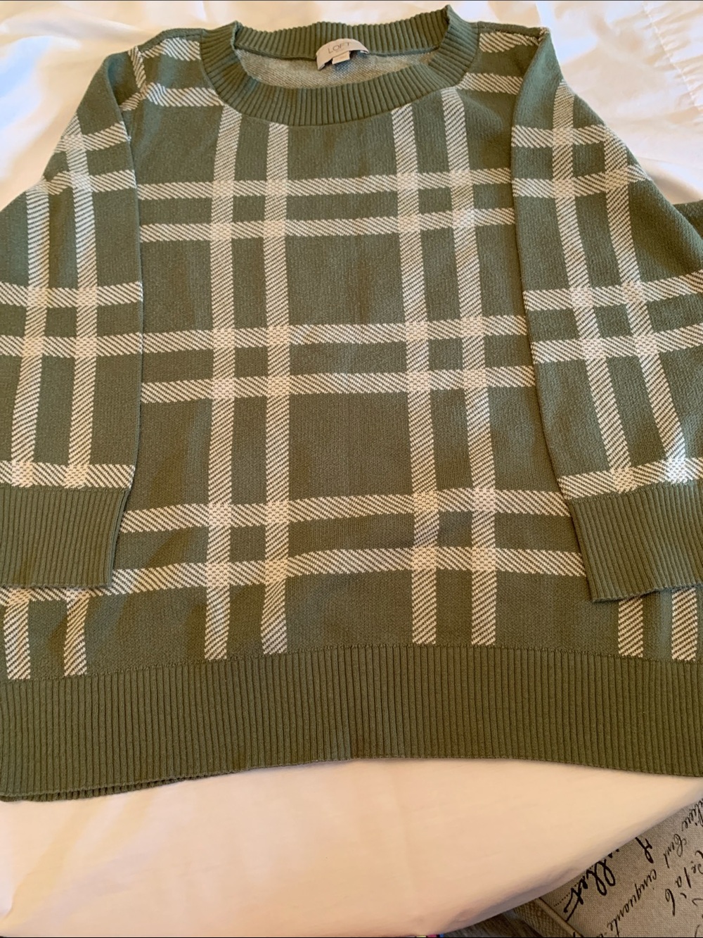 LOFT Olive & White Plaid Crew Neck Sweat Shirt